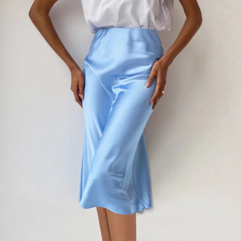 

Женская длинная облегающая юбка, повседневная элегантная офисная юбка с завышенной талией, однотонная фиолетовая атласная шелковая юбка, модель 2023 на лето, 25959