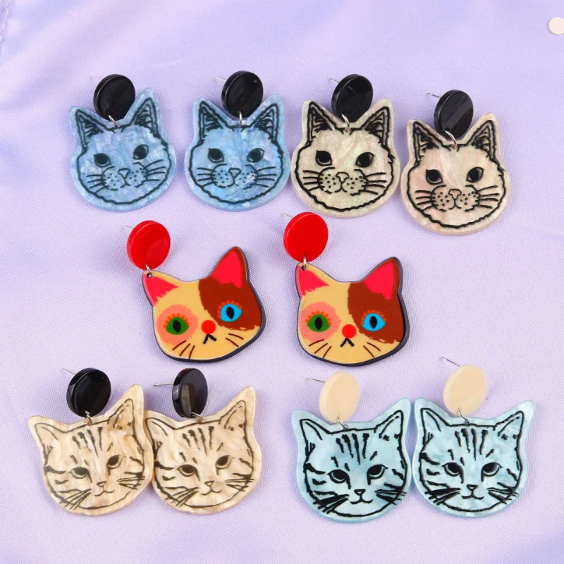 

VSnow Korean Multi Designs Cute Cartoon Cat Dangle Earings for Women Fantasy Circle Arcylic Animal Party Earings Jewelry