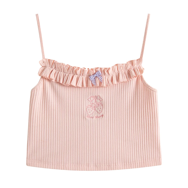 Женский летний укороченный топ с оборками и вышивкой клубники 
Женский летний укороченный топ с оборками и вышивкой клубники