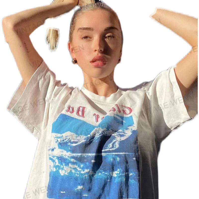American Retro Snow Mountain Print White Pure Cotton Short-Sleeved T-shirt Women's round Neck Summer Top
American Retro Snow Mountain Print White Pure Cotton Short-Sleeved T-shirt Women's round Neck Summer Top