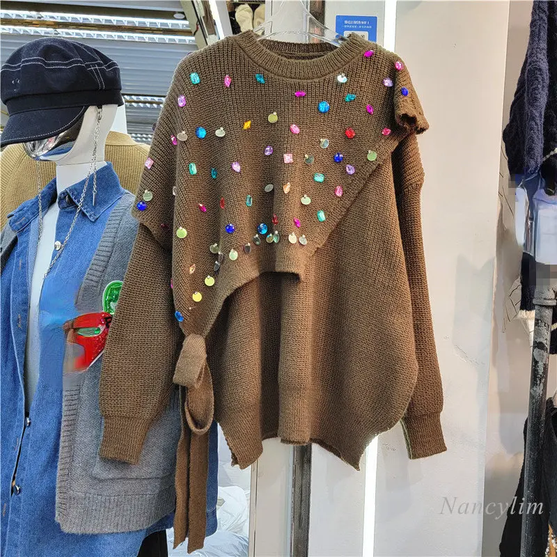 Exquisite Rhinestone Irregular Shawl Splicing Sweater Womens Knitwear Autumn and Winter Harajuku Retro Pull Sweaters Twopiece
Exquisite Rhinestone Irregular Shawl Splicing Sweater Womens Knitwear Autumn and Winter Harajuku Retro Pull Sweaters Twopiece
