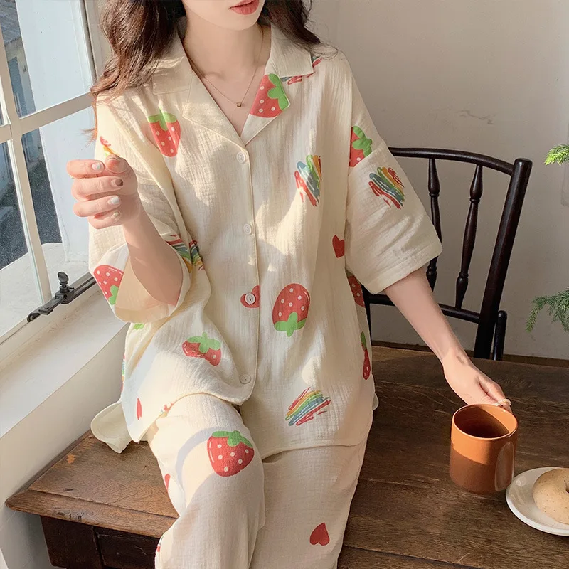 Women Pyjamas Summer Cool Feeling Cotton Short-sleeve Cardigan Trousers Thin Homewear Sweet and Cute Style Sleepwear Loungewear
Women Pyjamas Summer Cool Feeling Cotton Short-sleeve Cardigan Trousers Thin Homewear Sweet and Cute Style Sleepwear Loungewear