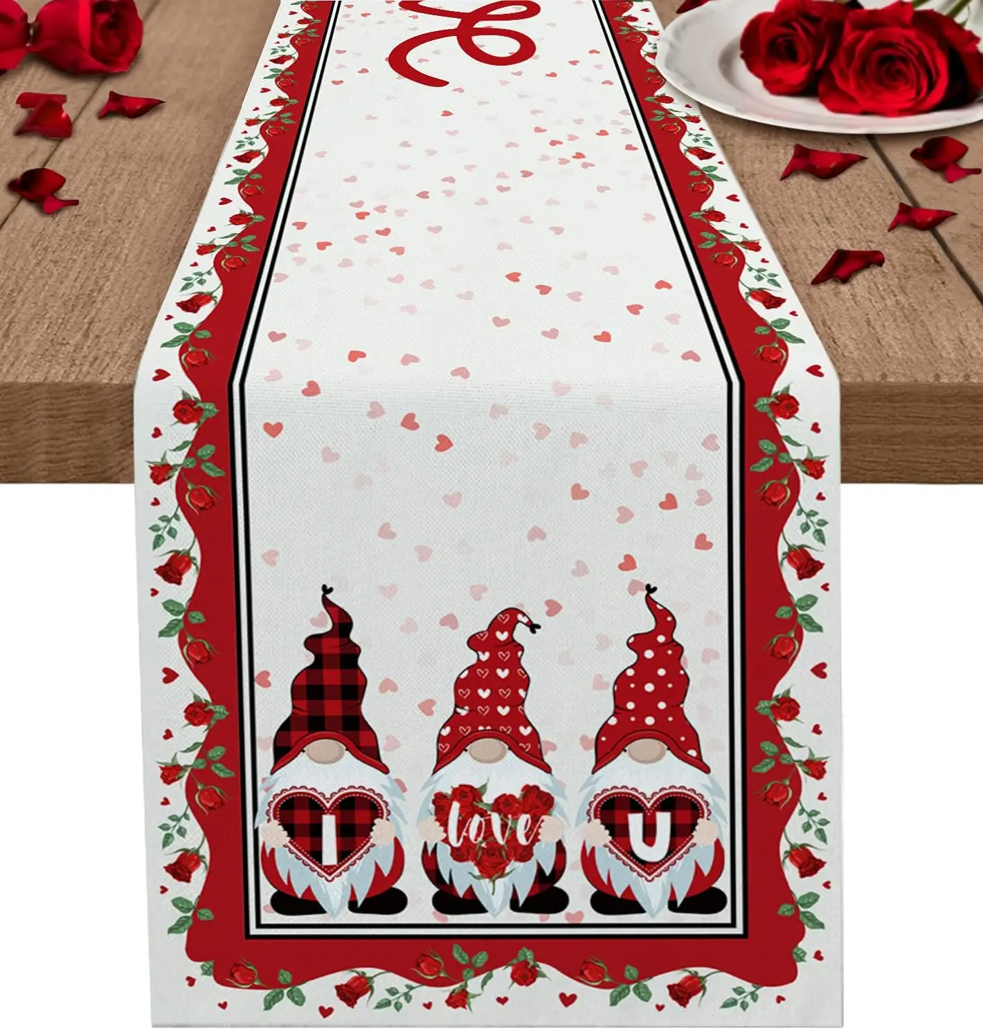 

Valentine's Day Gnome Love Red Rose Linen Table Runners Wedding Decorations Farmhouse Dining Table Runners Holiday Party Decor