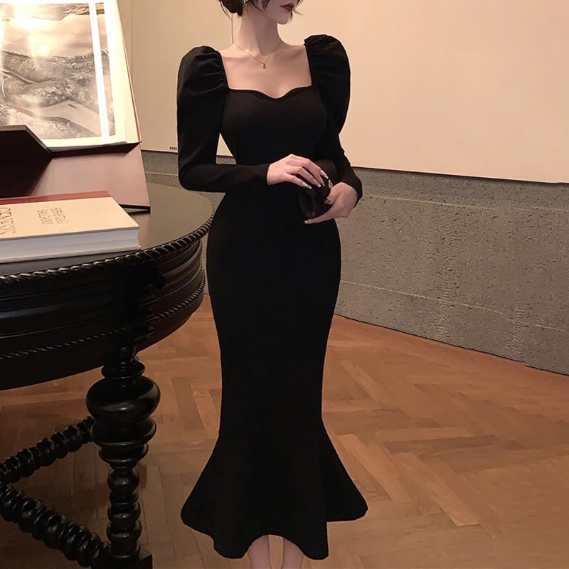 Elegant Mermaid Black Long Dress Women Korean One Piece Vintage Gothic Evening Party Dress Autumn Casual Hepburn Slim Dress
Elegant Mermaid Black Long Dress Women Korean One Piece Vintage Gothic Evening Party Dress Autumn Casual Hepburn Slim Dress