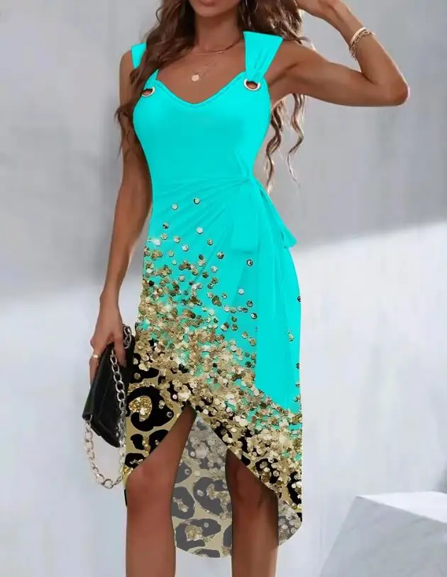 

Womens Dresses 2023 Summer Fashion Eyelet Contrast Leopard Print Colorblock Tied Detail Casual V-Neck Sleeveless Midi Wrap Dress