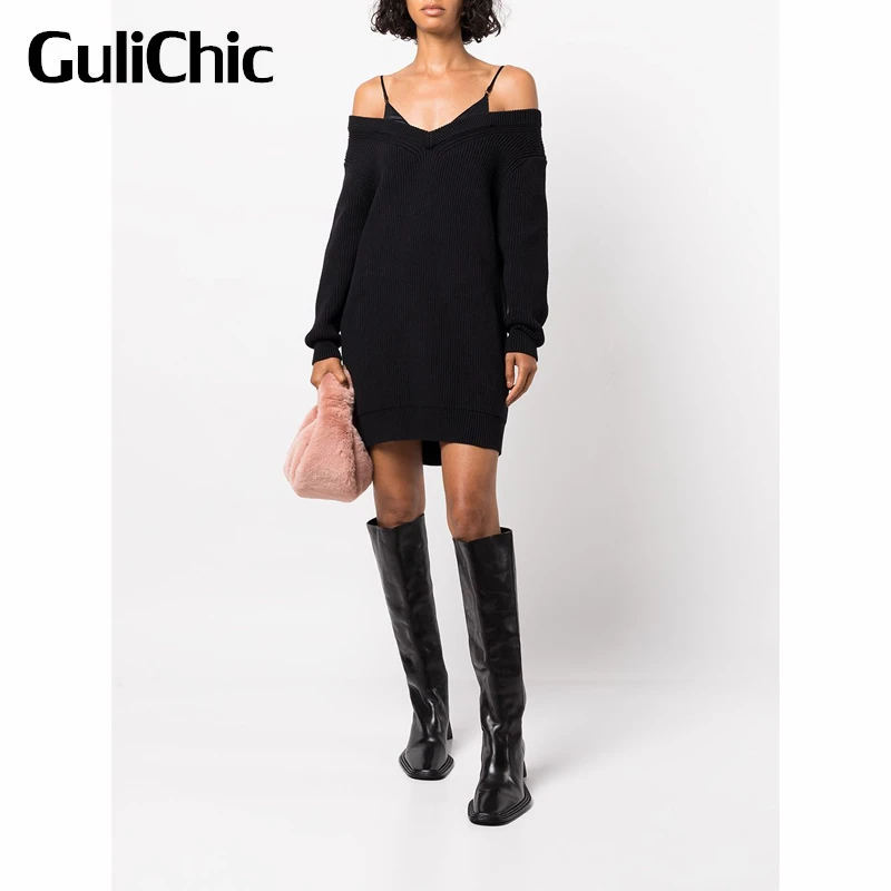 10.11 GuliChic Women Fashion Spaghetti Strap Off Shouolder V-Neck Long Sleeve Black Knitted Dress
10.11 GuliChic Women Fashion Spaghetti Strap Off Shouolder V-Neck Long Sleeve Black Knitted Dress
