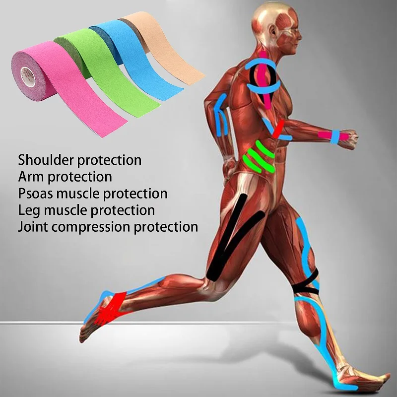 

Кинезиологическая лента 5 м, Спортивная хлопковая эластичная клейкая лента для растяжения и травм коленей, наклейки для облегчения боли в м...