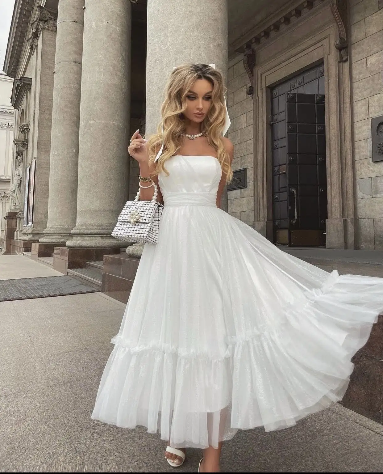 Vintage Wedding Sexy Strapless Neckline Sleeveless White Dress Women 2022 High Waist Pleated Evening Party Midi Dresses Formal
Vintage Wedding Sexy Strapless Neckline Sleeveless White Dress Women 2022 High Waist Pleated Evening Party Midi Dresses Formal