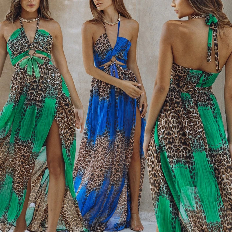 Sexy Halter V-Neck Maxi Long Dress Women Leopard Print Cut Out Tie Front Split Dress High Waist Backless Flowy Chiffon Sundress
Sexy Halter V-Neck Maxi Long Dress Women Leopard Print Cut Out Tie Front Split Dress High Waist Backless Flowy Chiffon Sundress
