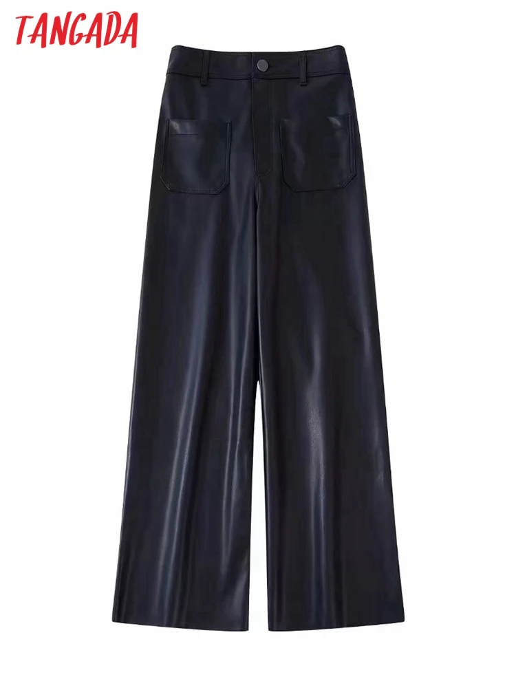 Tangada Women Fashion Pockets Black Faux Leather Straight Pants Vintage High Waist Zipper Fly Female Pants BE216
Tangada Women Fashion Pockets Black Faux Leather Straight Pants Vintage High Waist Zipper Fly Female Pants BE216