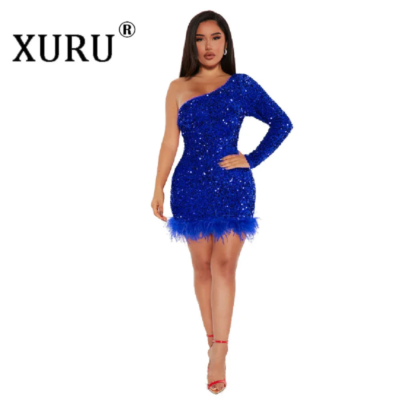 

XURU Buttock Wrap Short Diagonal Shoulder Long Sleeve Sequin Dress, Spring New Feather Color Sexy Dress