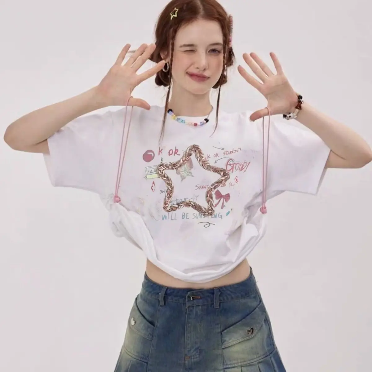 STSVZORR Drawstring Letter Printed Three-dimensional Decorative T-shirt for Women Short Sleeved Summer Loose Y2K Short Top
STSVZORR Drawstring Letter Printed Three-dimensional Decorative T-shirt for Women Short Sleeved Summer Loose Y2K Short Top