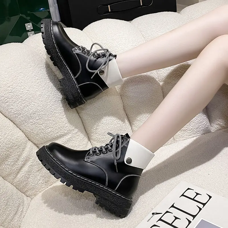 

Short Shoes for Woman Platform Women's Ankle Boots Chunky Booties with Laces Combat Fur Punk Style Footwear Lace-up on Promotion
