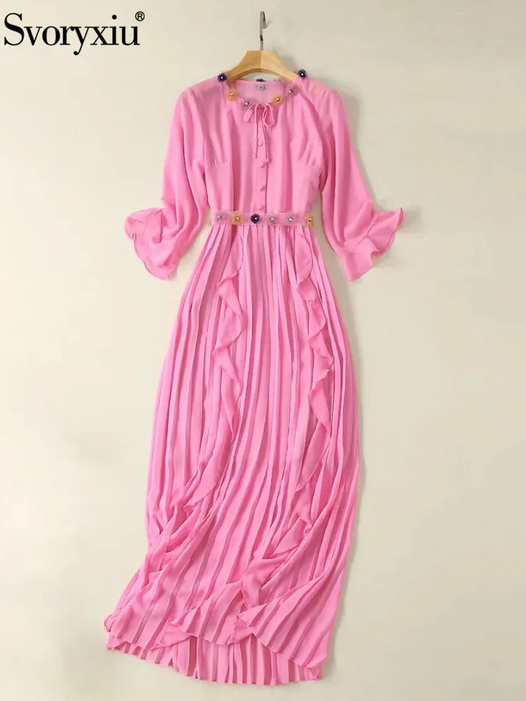 Svoryxiu Fashion Summer Pink Chiffon Midi Dress Women Bow Lace Up Collar Ruffle Button Appliques High Waist Dress + Sling Vests
Svoryxiu Fashion Summer Pink Chiffon Midi Dress Women Bow Lace Up Collar Ruffle Button Appliques High Waist Dress + Sling Vests