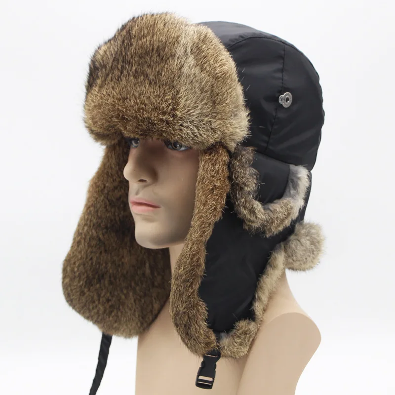 

Winter Hat Outdoor Warm Trapper Aviator Trooper Earflap 2022 Russian Ski Hat Fur Bomber Rabbit Fur Cap Ear Protection Bonnets