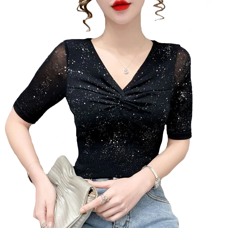 Camiseta de malla манга corta para mujer blusa negra plisada seda brillante verano