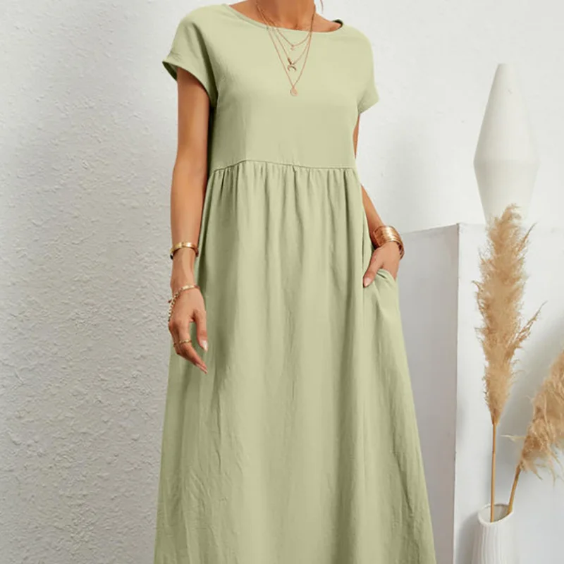 Women Loose Cotton Linen Solid Dresses Long Skirt Short Sleeve Pockets O Neck Casual Sundress Elegant Summer
Women Loose Cotton Linen Solid Dresses Long Skirt Short Sleeve Pockets O Neck Casual Sundress Elegant Summer