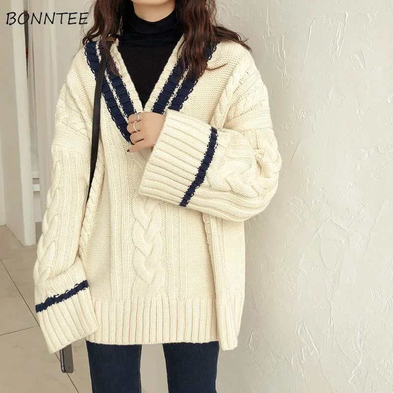 

Sweaters Women Korean Patchwork Design V-neck Thicker Soft Winter Fall Vintage Flare Sleeve Lady Knitwear Preppy Femme Pullovers