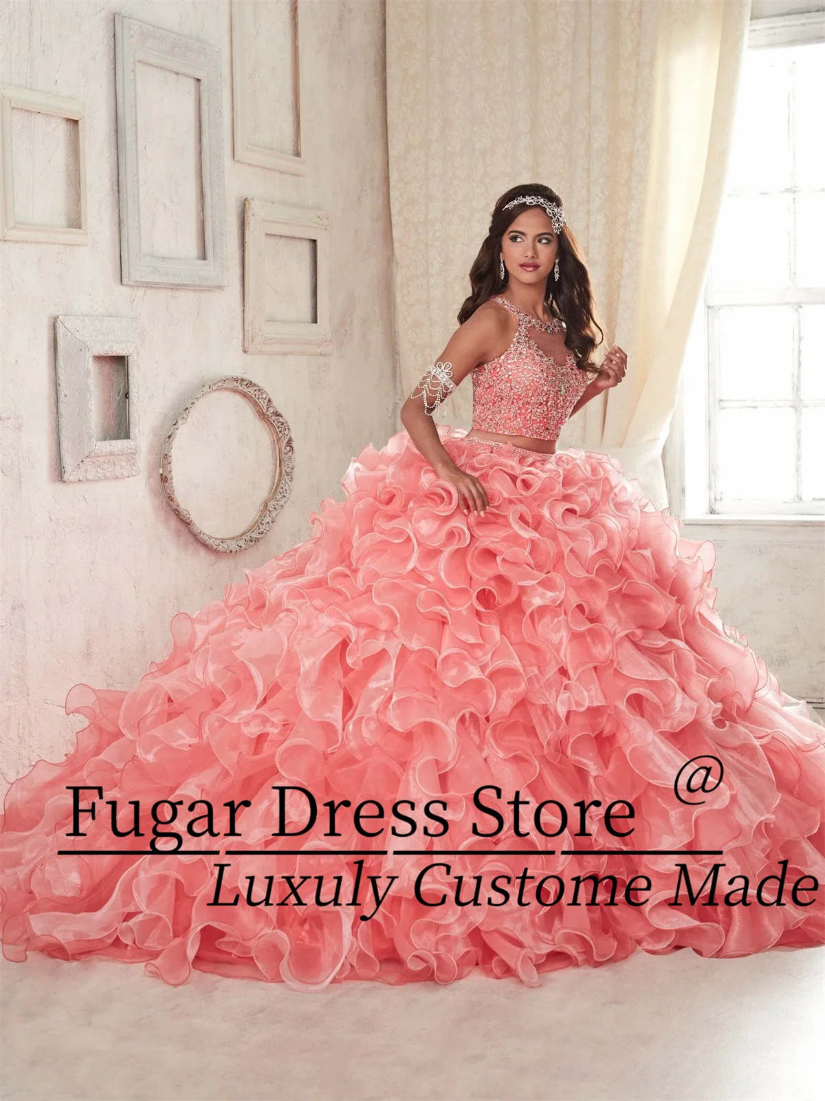 Trendsetter Розовые длинные платья Quinceanera Блестящие AB Стразы и бретельки из бисера с