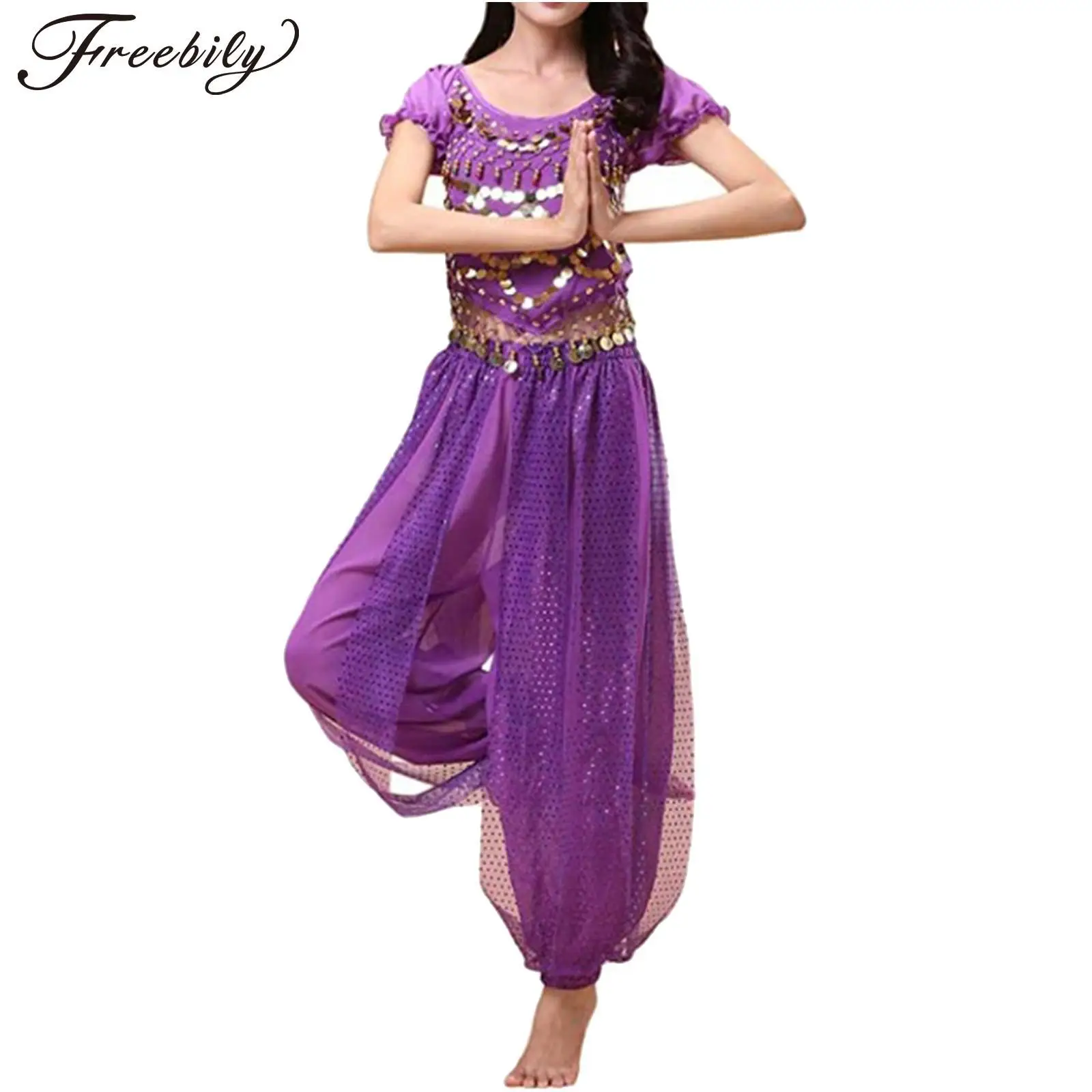 

Women Bollywood Belly Dance Costume Sparkly Crop Top and Harem Pants Performance Egyptian India Arabian Dance Costumes