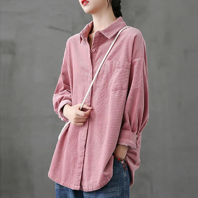 

Pink Corduroy Shirt Coat Women Single-breasted Loose Casual Blusas Jacket Female Korean Turndown Collar Shirts Tops