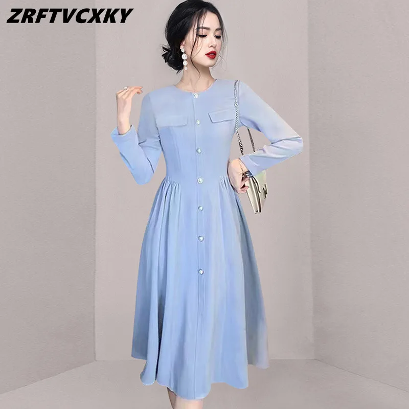 Women Fashion Office Midi Dresses 2022 New Autumn Elegant O-Neck Long Sleeve Single-Breasted Lady Slim Folds Party Dress
Women Fashion Office Midi Dresses 2022 New Autumn Elegant O-Neck Long Sleeve Single-Breasted Lady Slim Folds Party Dress