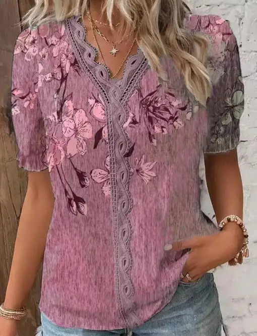 Women's T-Shirt 2023 Summer Casual Fit Print V-Neck Lace Panel Short Sleeve Tee Basics Pullovre Fashion Woman Blouse New Clothes
Women's T-Shirt 2023 Summer Casual Fit Print V-Neck Lace Panel Short Sleeve Tee Basics Pullovre Fashion Woman Blouse New Clothes