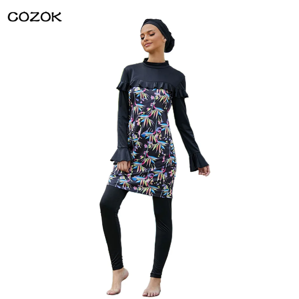 Women Muslim 3pcs Burkini with Hijab Cap Long Sleeve Ruffled Modest Swimsuit Abra Islamic Stand Collar Full Covered Beachwear
Women Muslim 3pcs Burkini with Hijab Cap Long Sleeve Ruffled Modest Swimsuit Abra Islamic Stand Collar Full Covered Beachwear