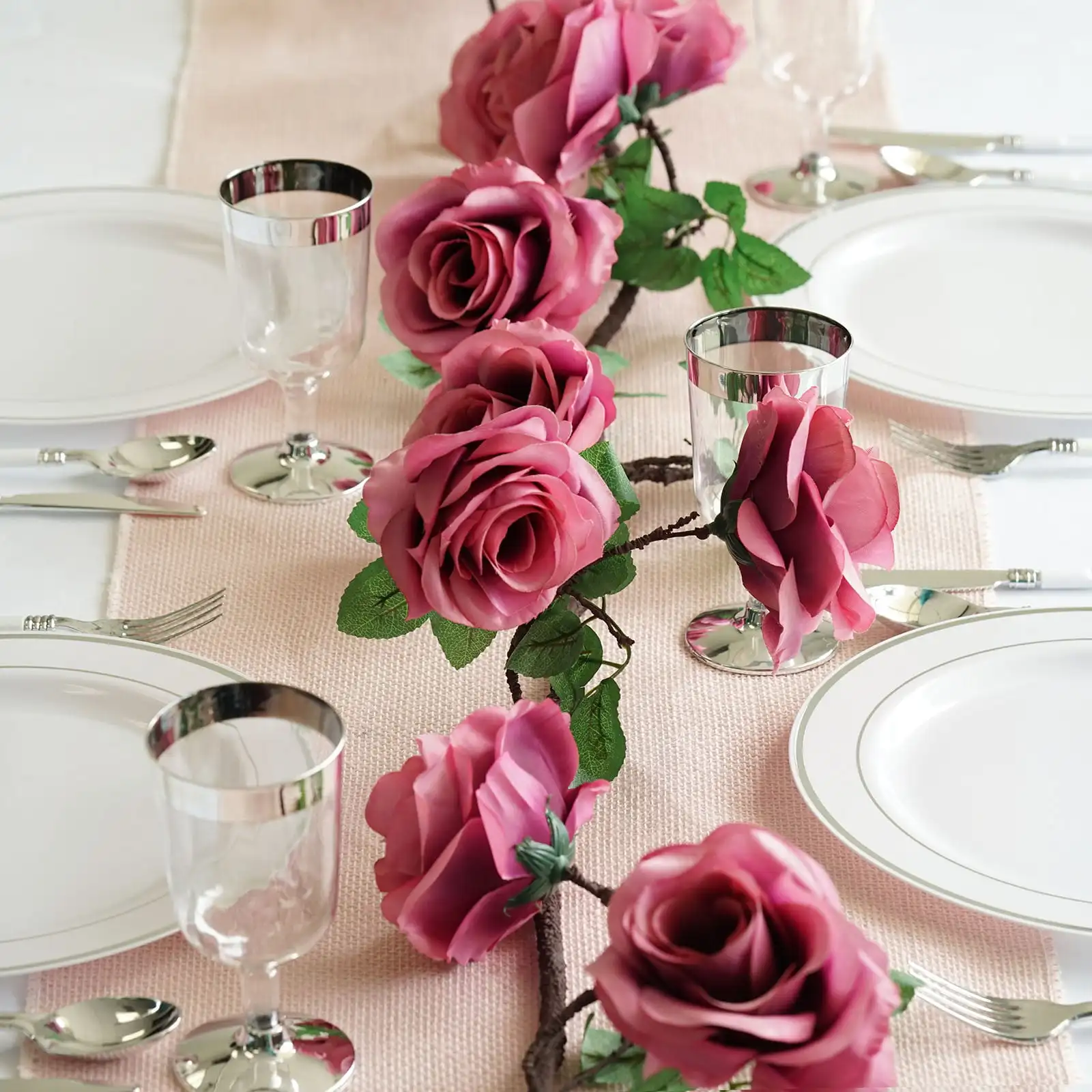 6 ft Mauve Silk Rose Garland with Bendable Wire Vines Artificial Flower Garlands with Leaves for Wedding Decoration
6 ft Mauve Silk Rose Garland with Bendable Wire Vines Artificial Flower Garlands with Leaves for Wedding Decoration