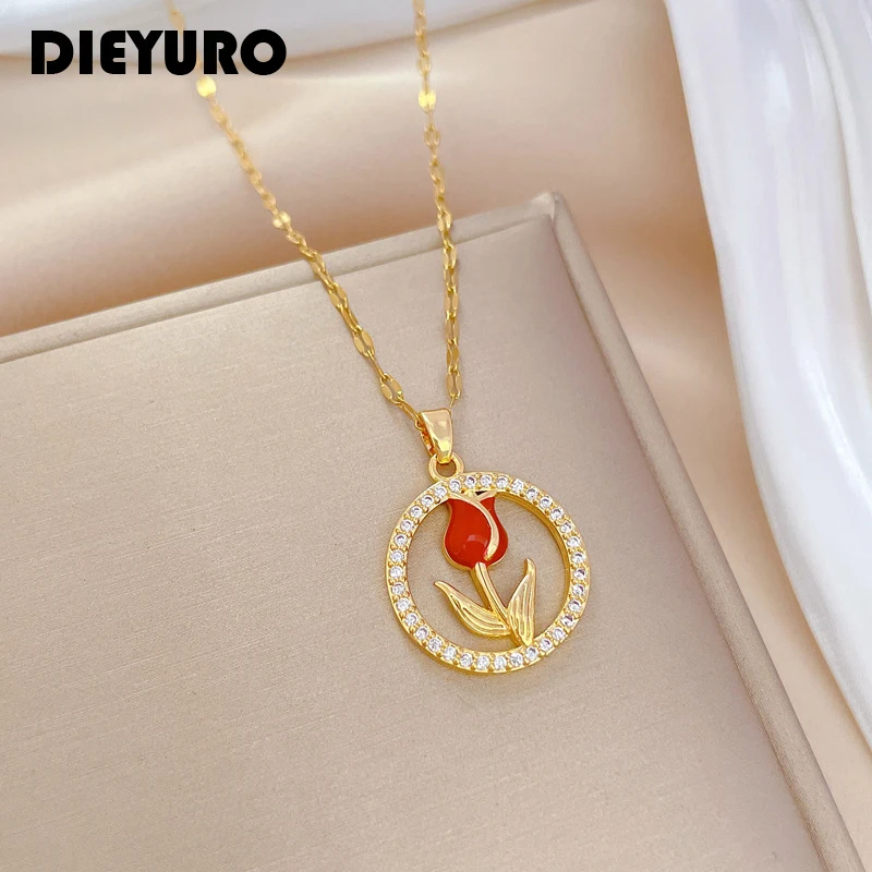

DIEYURO 316L Stainless Steel Red Tulip Flower Pendant Necklace For Women Girl Fashion Clavicle Chain Choker Jewelry Gift Wedding