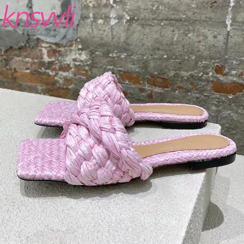 

New Woven Slippers Women Designer Women Sandals Summer Slides Flat Beach Mules Shoes Lafite Grass Braided Party Shoes Woman