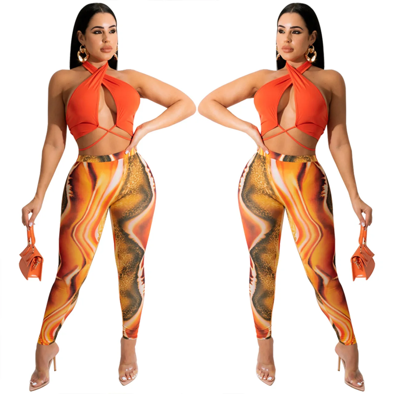 Sexy Vest Outfits Halter Neck Solid Color Crop Top + Printed Trousers Women Two-piece Set Nightclub Clothing Ladies Tracksuit 
Sexy Vest Outfits Halter Neck Solid Color Crop Top + Printed Trousers Women Two-piece Set Nightclub Clothing Ladies Tracksuit