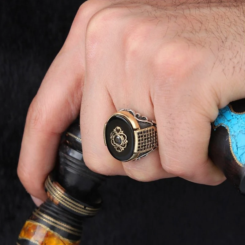

Retro Handmade Turkish Ring For Men Vintage Double Swords Black Zircon Rings Punk 2021 Trendy Islamic Religious Muslim Jewelry