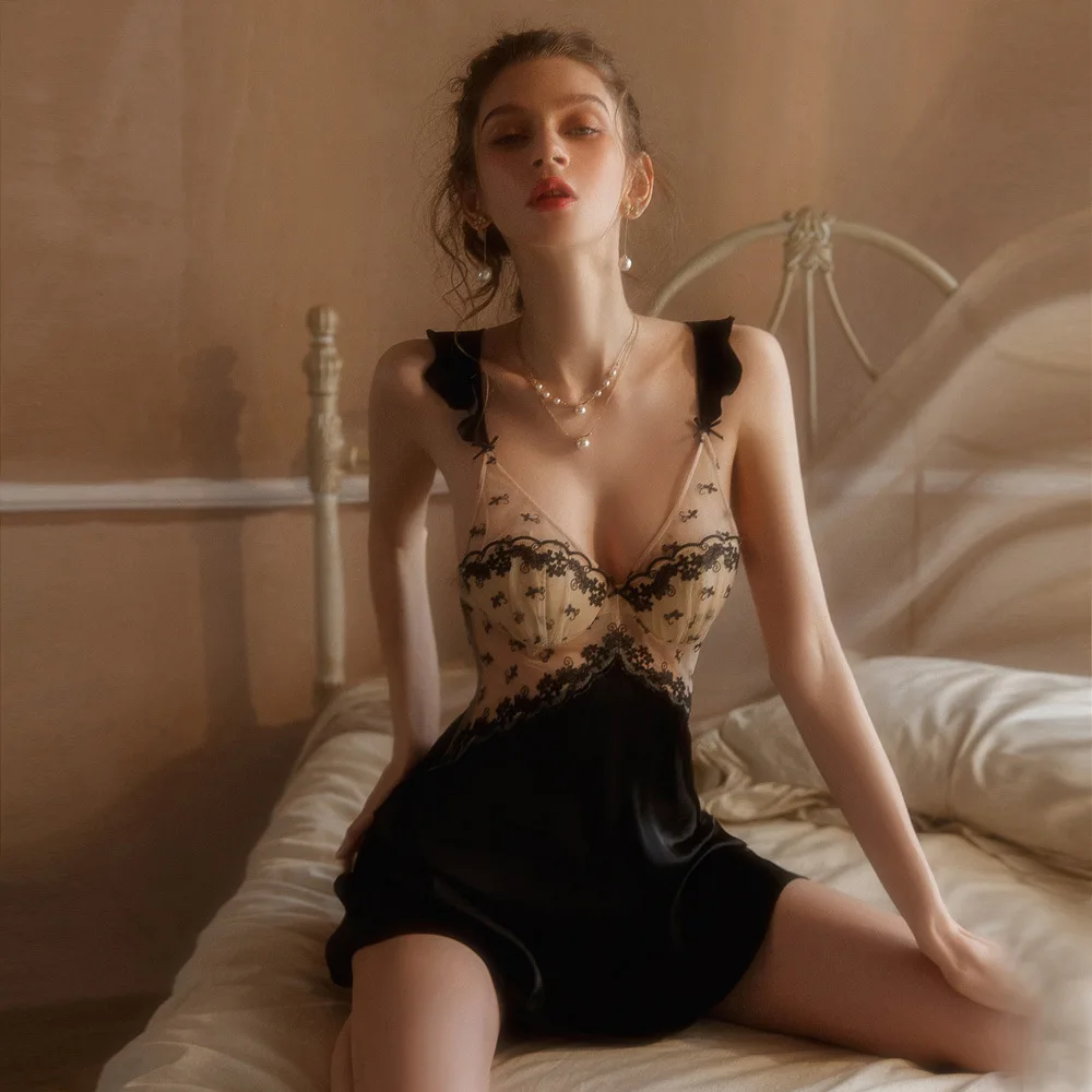 Lolita Nightgown Women Sleeping Dress Summer Deep V-neck Ice Silk Nightdress with Chest Pad Home Clothes Sling Nightdress
Lolita Nightgown Women Sleeping Dress Summer Deep V-neck Ice Silk Nightdress with Chest Pad Home Clothes Sling Nightdress