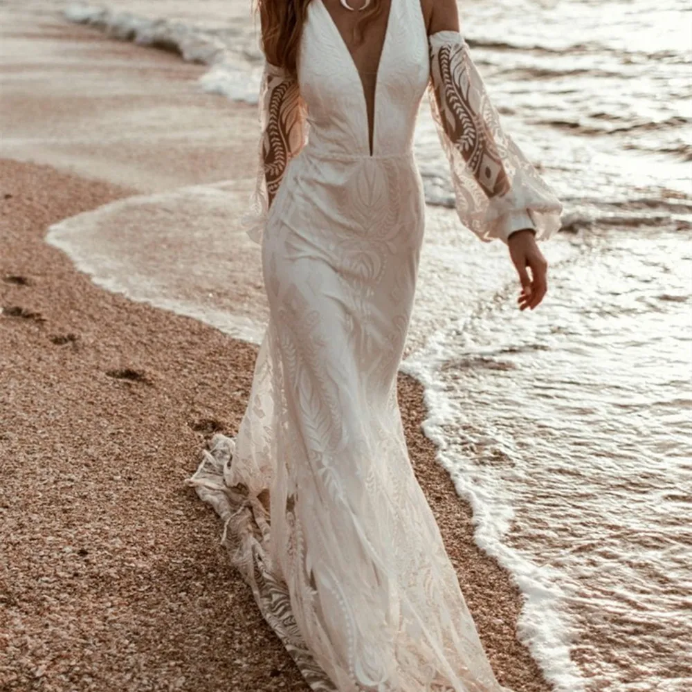 Bohemian Open Back Sweep Train Detachable Sleeve Mermaid Lace Deep V-Neck Sexy Wedding Dress Wedding Bridal Gown Custom
Bohemian Open Back Sweep Train Detachable Sleeve Mermaid Lace Deep V-Neck Sexy Wedding Dress Wedding Bridal Gown Custom