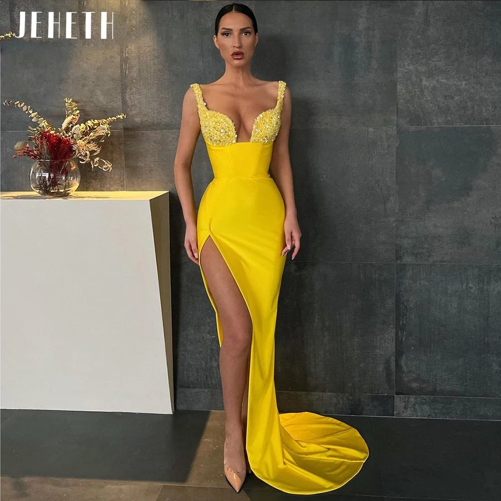 Сексуальные Желтые атласные вечерние платья JEHETH с блестками на тонких бретельках и юбкой-годе, вечерние платья с высоким разрезом и бусинами для выпускного вечера, 2022