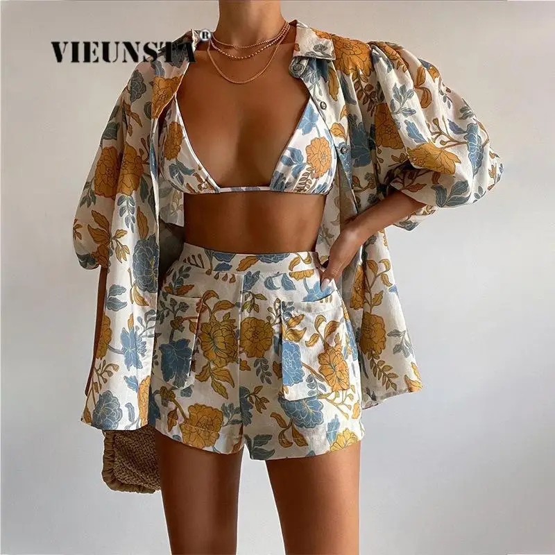 Casual Beach Holiday Three Piece Set Bohemian Printed Loose Shirt Short Sets Fashion Summer Women Outfits For Women Shorts Suits 
Casual Beach Holiday Three Piece Set Bohemian Printed Loose Shirt Short Sets Fashion Summer Women Outfits For Women Shorts Suits