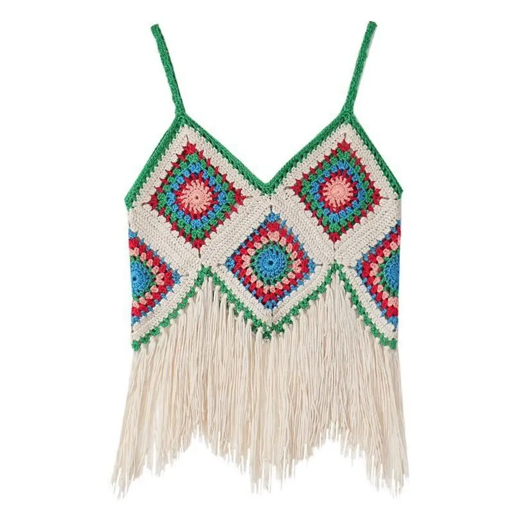 

Hook Ethnic Style Underwaist Fringed Shawls Bohemian Style Sling Tassel Suspender Vest Tank Top Crochet Knitted Top Female Vest