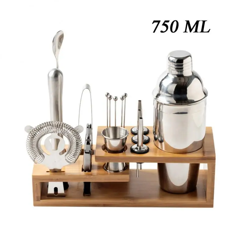 

750ml Stainless Steel Bar Cocktail Shaker Set Barware Tools Wine Shaker Sets With Wooden Rack Bartender Drink Party Bar Tools