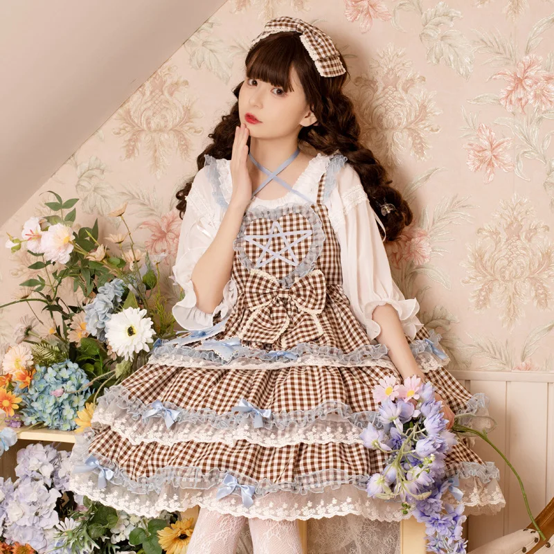 

2022 New Summer Lolita Original Daily Cute Plaid Suspenders Jsk Skirt Light Lo Sweet Kawaii Plus Size Mall Goth Y2k Fairy Dress