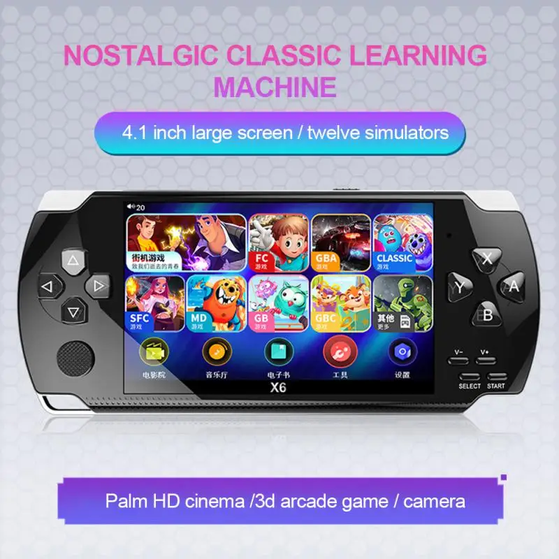 X6 Ретро игровая консоль HD видеоигра с 1500 играми для беспроводного контроллера SNES 4,0 дюйма 8 ГБ портативный игровой плеер для Mp3
X6 Ретро игровая консоль HD видеоигра с 1500 играми для беспроводного контроллера SNES 4,0 дюйма 8 ГБ портативный игровой плеер для Mp3