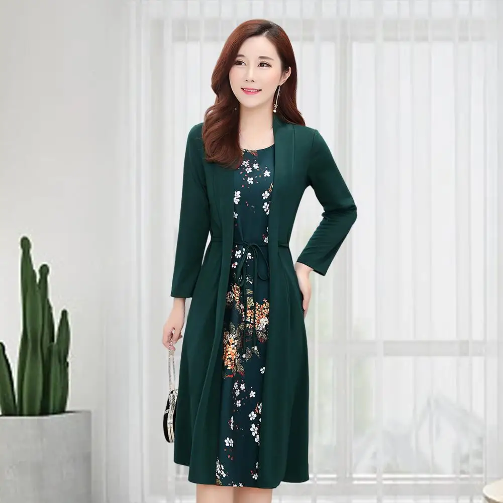 Casual Dress O-Neck Office Lady Dress Waist Tight Elegant Dress Flower Print Fake Two Pieces Cardigan Midi Dress vestido 
Casual Dress O-Neck Office Lady Dress Waist Tight Elegant Dress Flower Print Fake Two Pieces Cardigan Midi Dress vestido