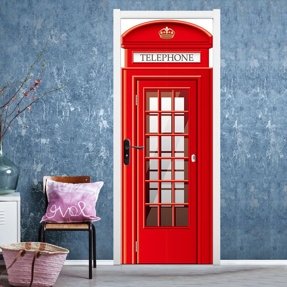 

Metal Removable Dust-free Walls Wall Sticker European Style PVC Wall Stickers Red Telephone Vinyl Art 3D Art Deco Style