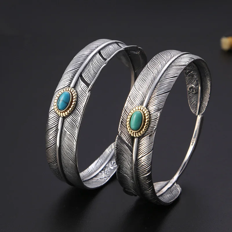 S925 Sterling Silver Jewelry Vintage Thai Silver Simple Feather Inlaid Turquoise Men Adjusting Bracelet Bangle Good
S925 Sterling Silver Jewelry Vintage Thai Silver Simple Feather Inlaid Turquoise Men Adjusting Bracelet Bangle Good