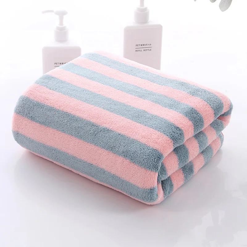 

Coral Velvet Color Strip Bath Towel Home Hotel Bathroom Cleaning Thick Terry Hand Face Quick-Dry Absorbent Hanging Towels 70x140