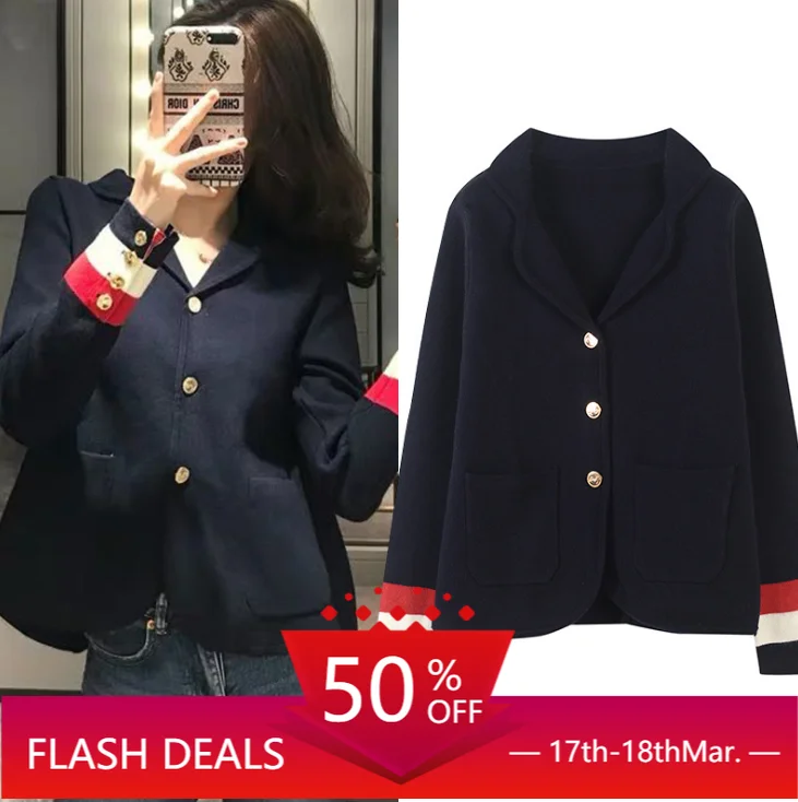 

European goods high-end British style fashionable cuffs hit color stripes TB wind sweater small jacket female gold button suit