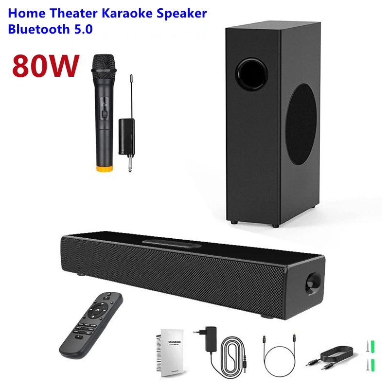 

Домашний кинотеатр, 3D стерео Bluetooth-динамик 2,1, пассивный сабвуфер 80 Вт, звуковая панель для телевизора, проводной беспроводной микрофон, звуковая система для караоке