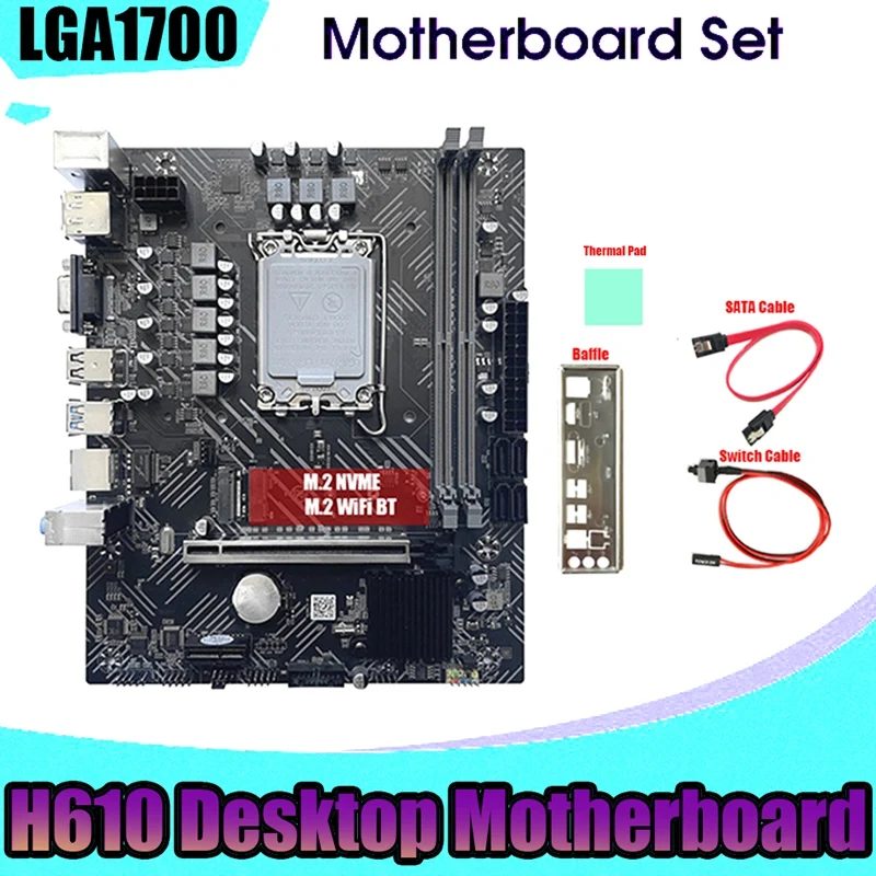 H610 Motherboard+SATA Cable+Baffle+Thermal Pad LGA1700 DDR4 Gigabit LAN For G6900 G7400 I3 12100 I5 12500 12Th CPU
H610 Motherboard+SATA Cable+Baffle+Thermal Pad LGA1700 DDR4 Gigabit LAN For G6900 G7400 I3 12100 I5 12500 12Th CPU
