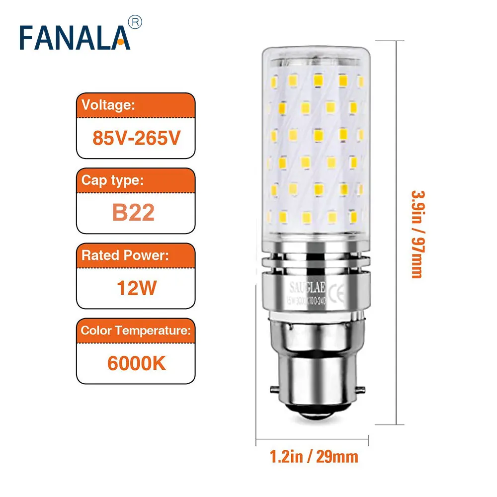 

B22/E12/E26 E27 LED Corn Light Bulb Bayonet Lamp 12W Incandescent Equivalent 100W 3000/6000K Daylight White Candelabra 4pcs