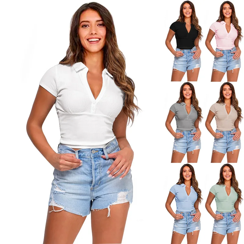 Spring and Summer New Solid Color Lapel POLO Collar Top Short-sleeved Sexy All-match Short-sleeved T-shirt
Spring and Summer New Solid Color Lapel POLO Collar Top Short-sleeved Sexy All-match Short-sleeved T-shirt